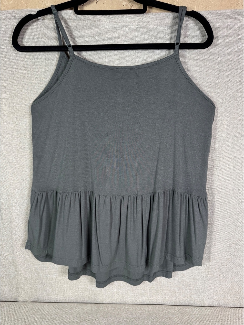 Women's Gray Sleeveless Peplum Tank Top with Adjustable Straps, Size Medium
